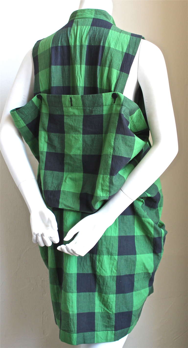 Women's 1980's ISSEY MIYAK green and place checked mini dress with draped back
