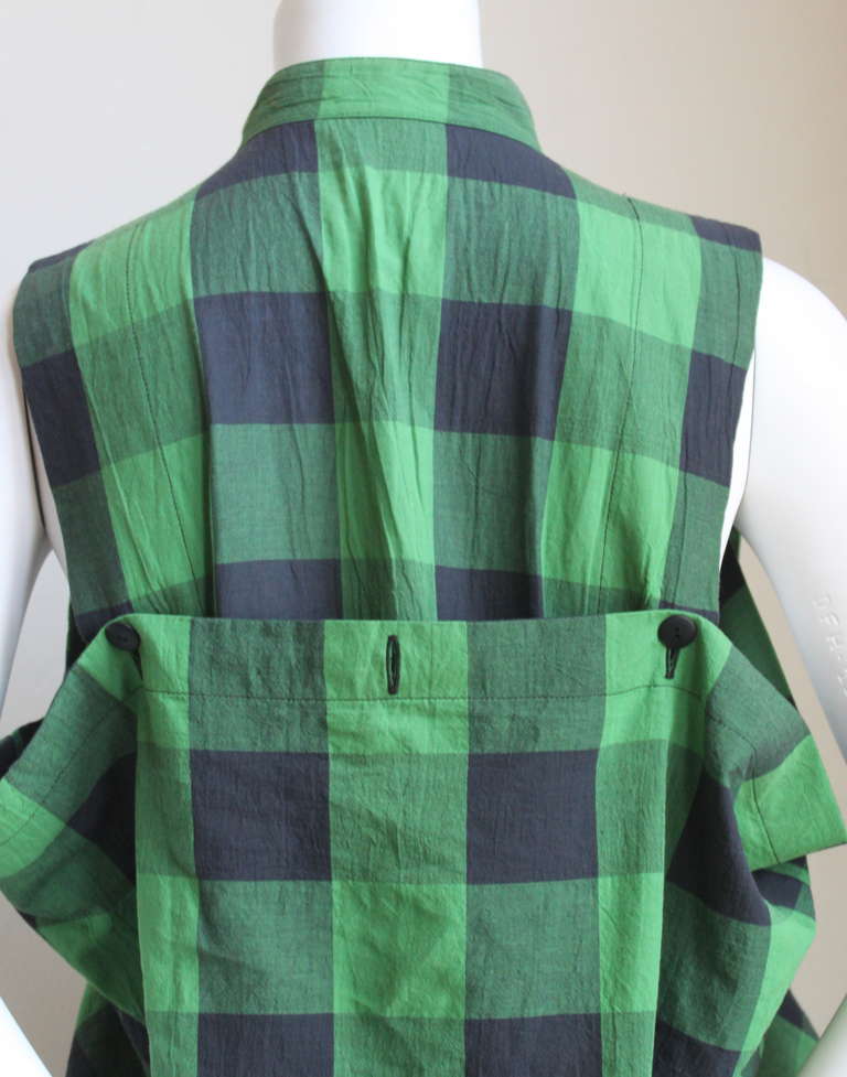 1980's ISSEY MIYAK green and place checked mini dress with draped back 1