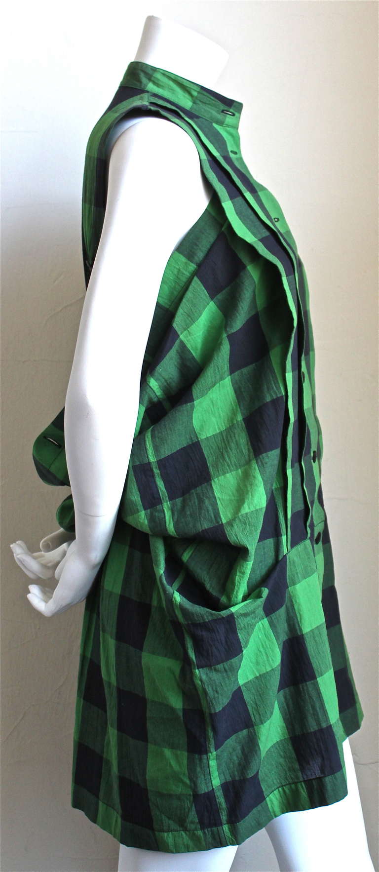 1980's ISSEY MIYAK green and place checked mini dress with draped back 2