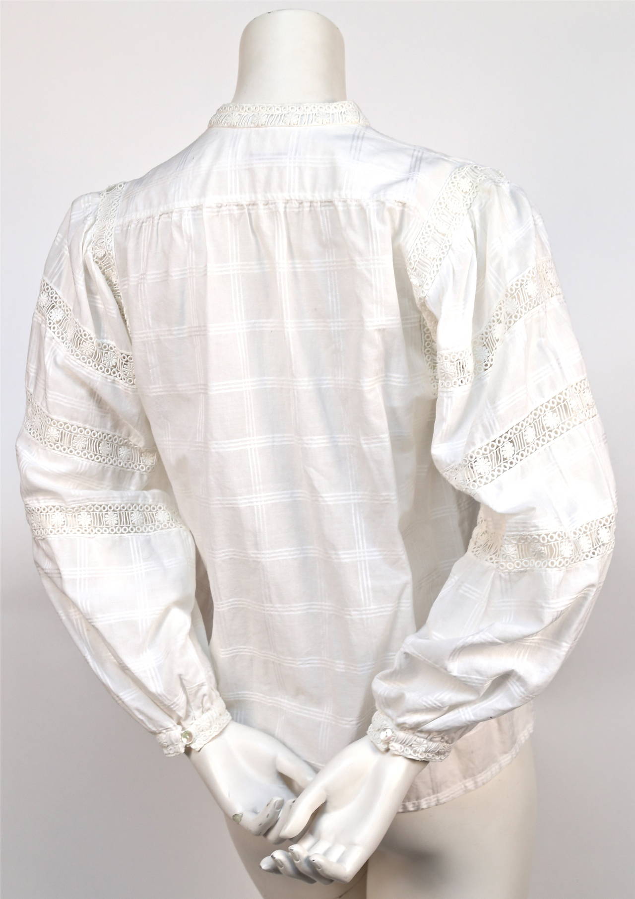 1970's YVES SAINT LAURENT white peasant blouse with open lace trim In Excellent Condition In San Fransisco, CA