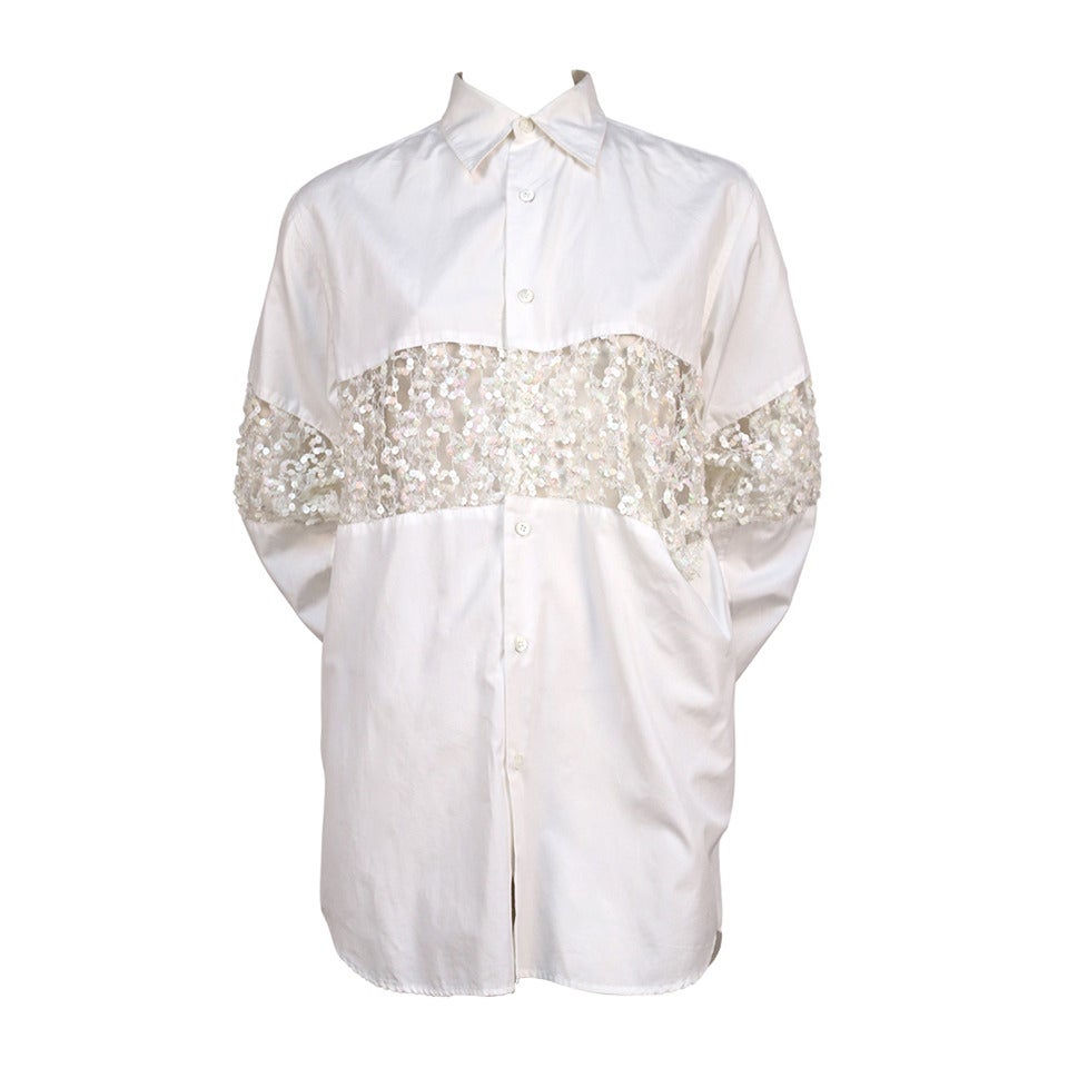 1980's COMME DES GARCONS white button but shirt with sheer sequin panel