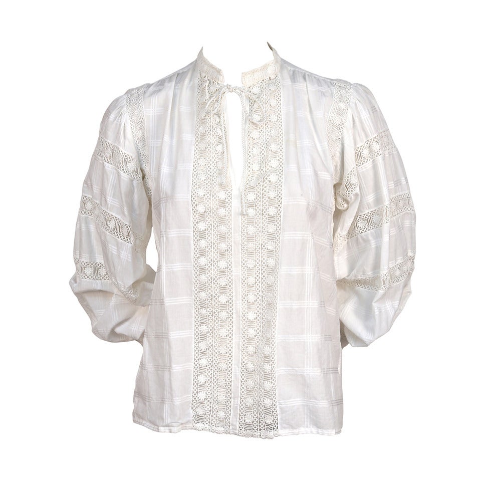 1970's YVES SAINT LAURENT white peasant blouse with open lace trim at ...