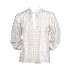 1970's YVES SAINT LAURENT white peasant blouse with open lace trim
