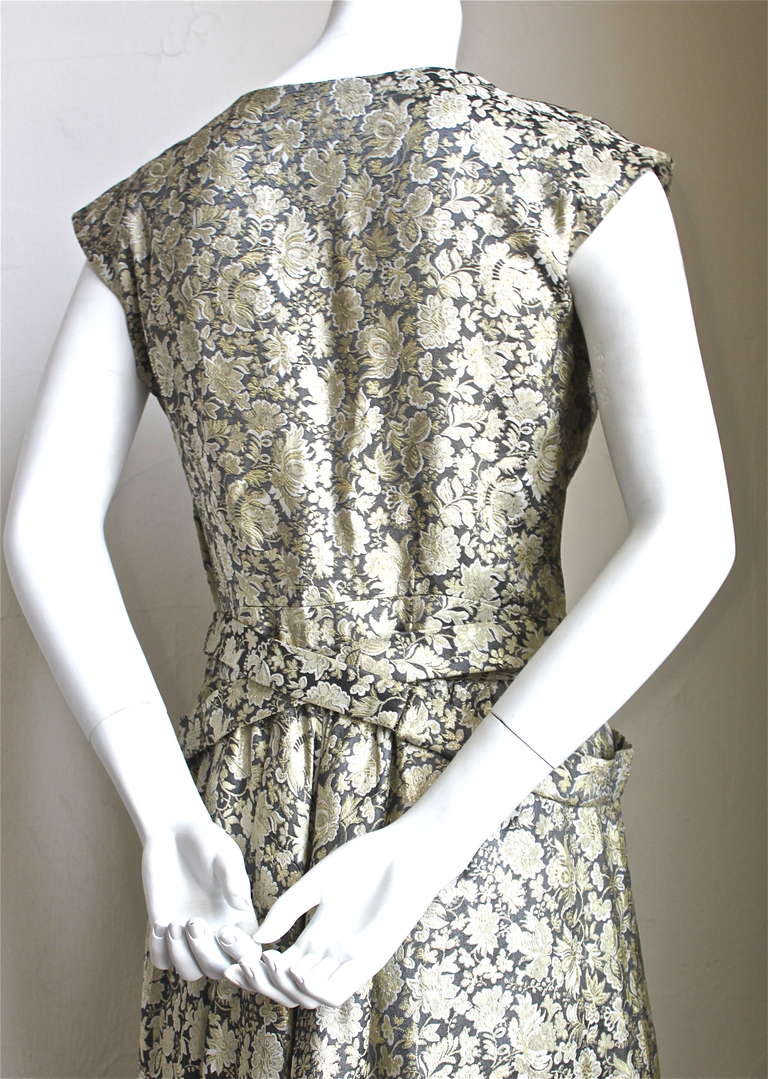 Gray 1950's JEANNE LANVIN CASTILLO metallic floral brocade dress