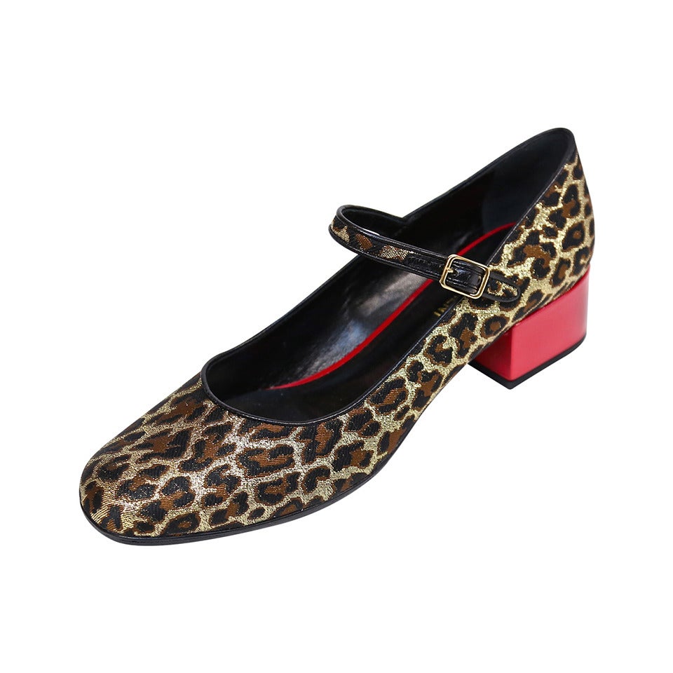 new SAINT LAURENT metallic woven leopard mary janes with red heels 38