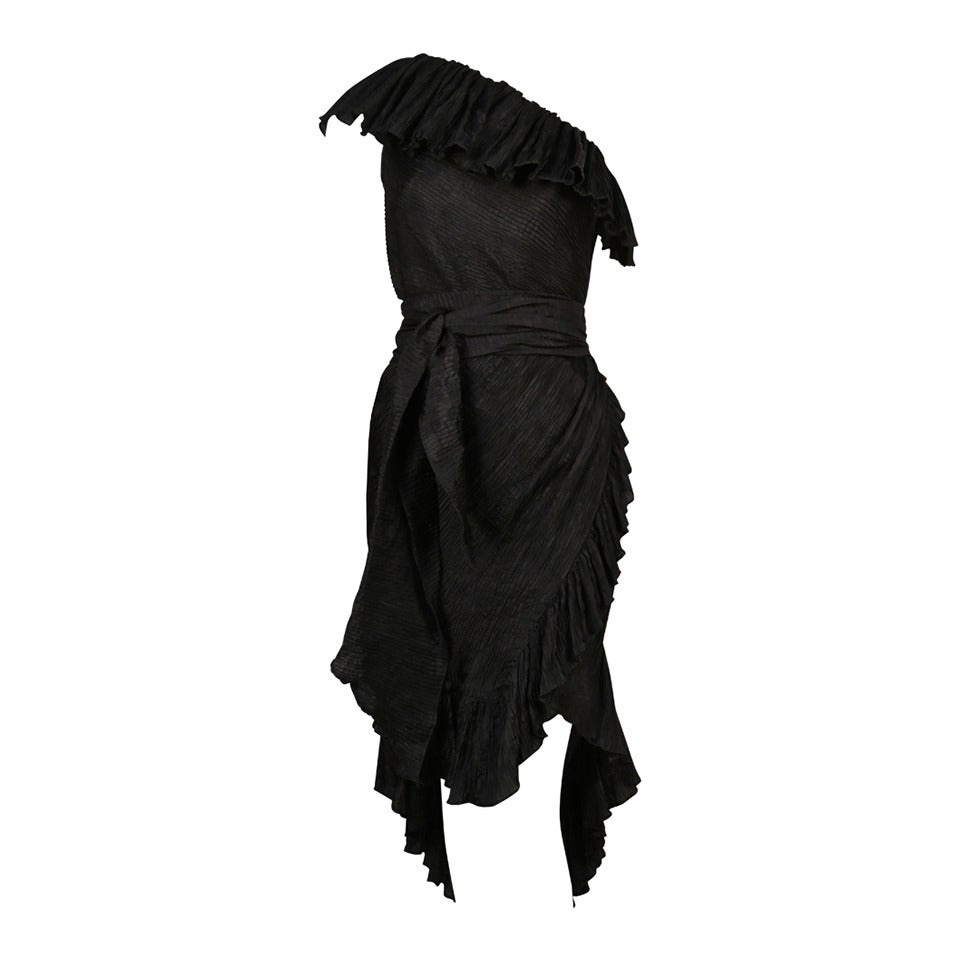 1970's YVES SAINT LAURENT black asymmetrical one shoulder dress
