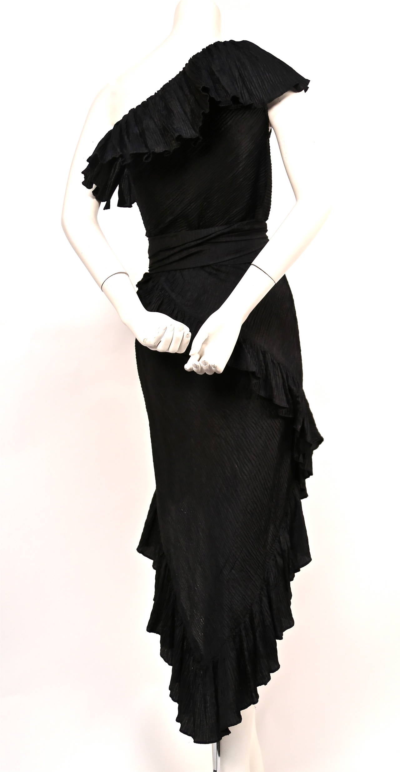 Women's 1970's YVES SAINT LAURENT black asymmetrical one shoulder dress