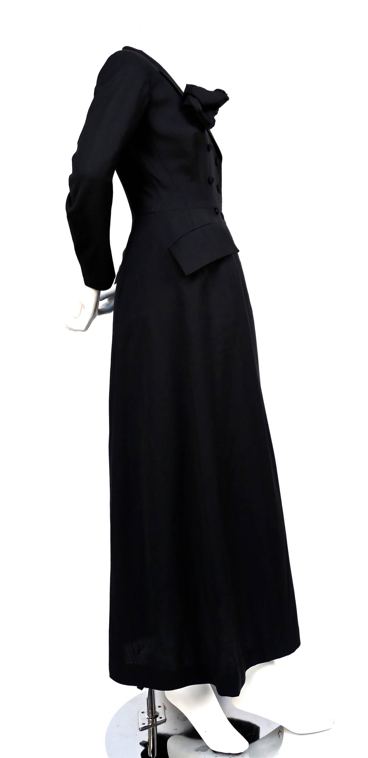 1980's YOHJI YAMAMOTO dramatic black fitted dress coat with rose brooch In Excellent Condition In San Fransisco, CA