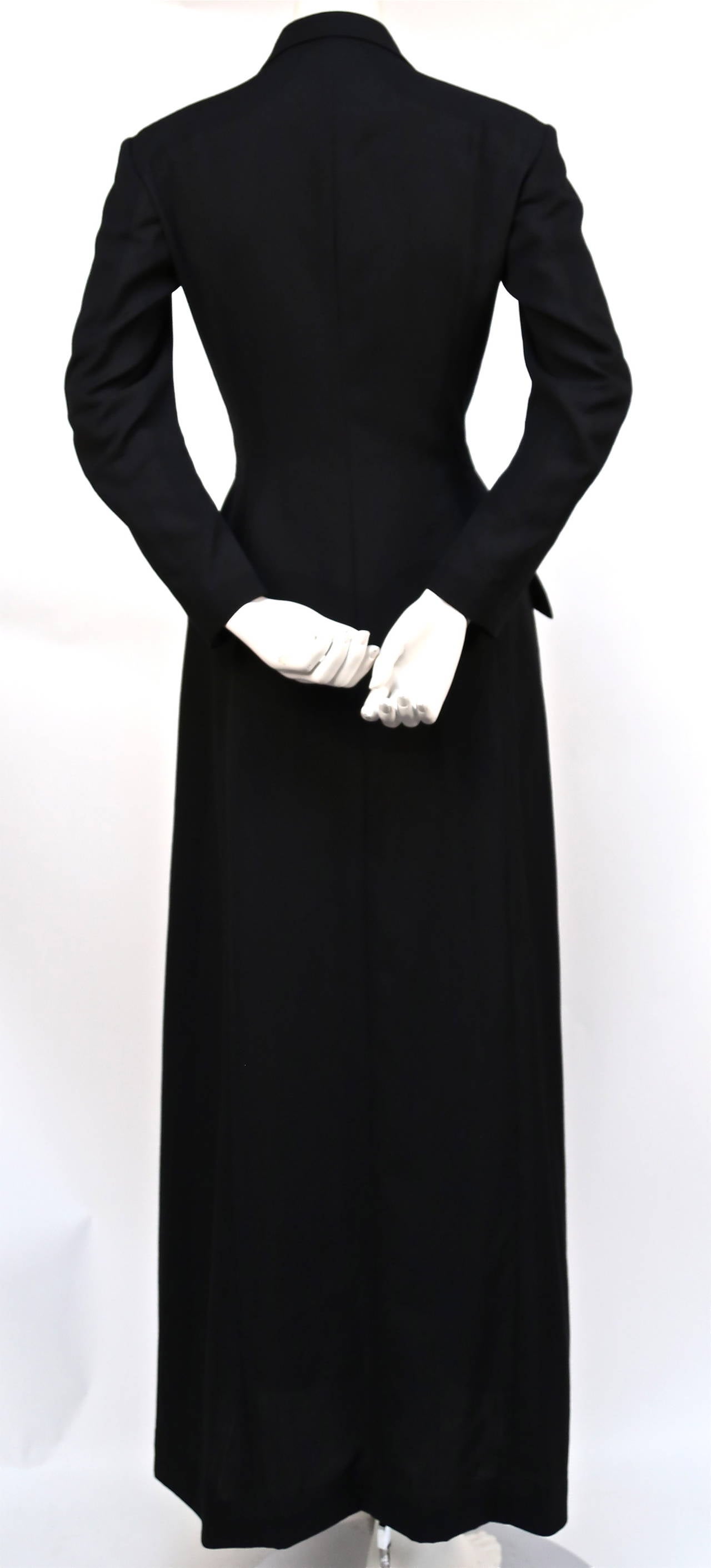 Women's 1980's YOHJI YAMAMOTO dramatic black fitted dress coat with rose brooch