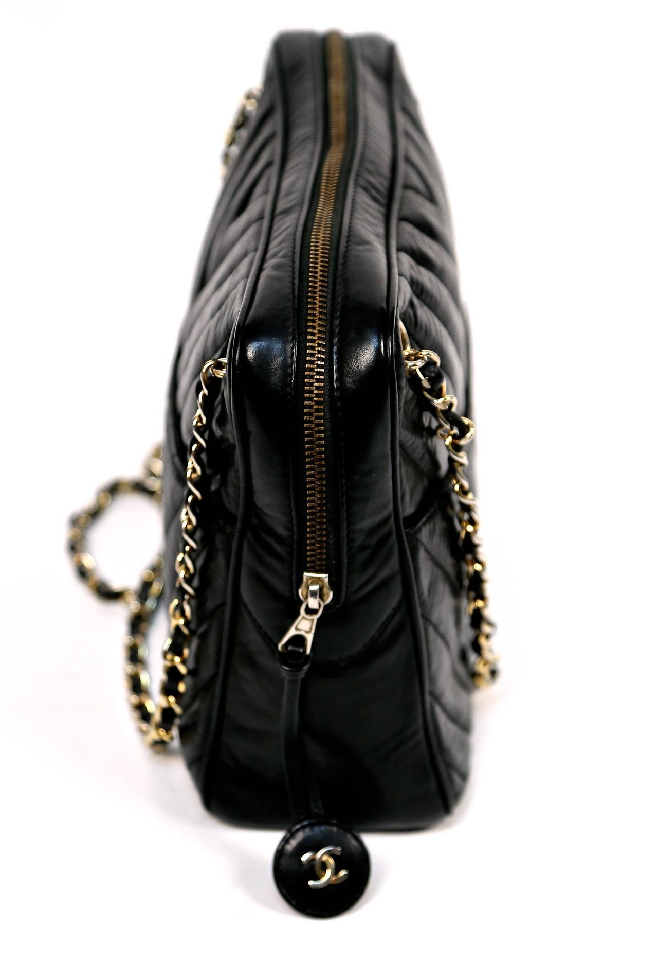 1990's Chanel Black Chevron Quilted Lambskin Bag With Gold Hardware
