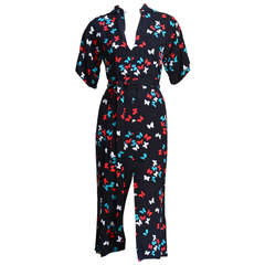 1970's YVES SAINT LAURENT butterfly print dress with long waist tie