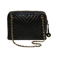 1990's Chanel Black Chevron Quilted Lambskin Bag With Gold Hardware