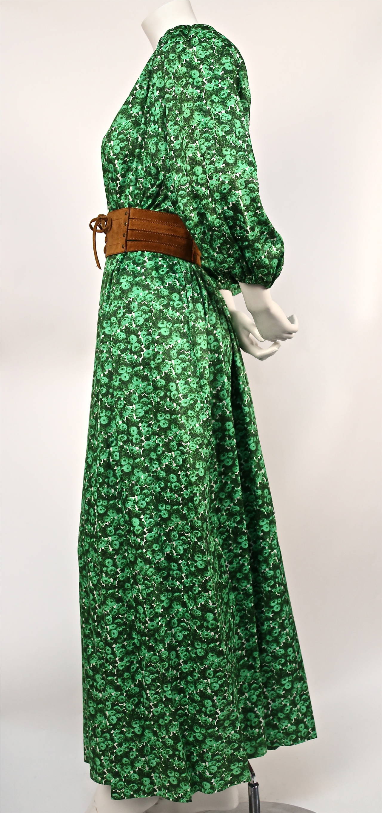 1970's YVES SAINT LAURENT green floral cotton dress with deep V neckline