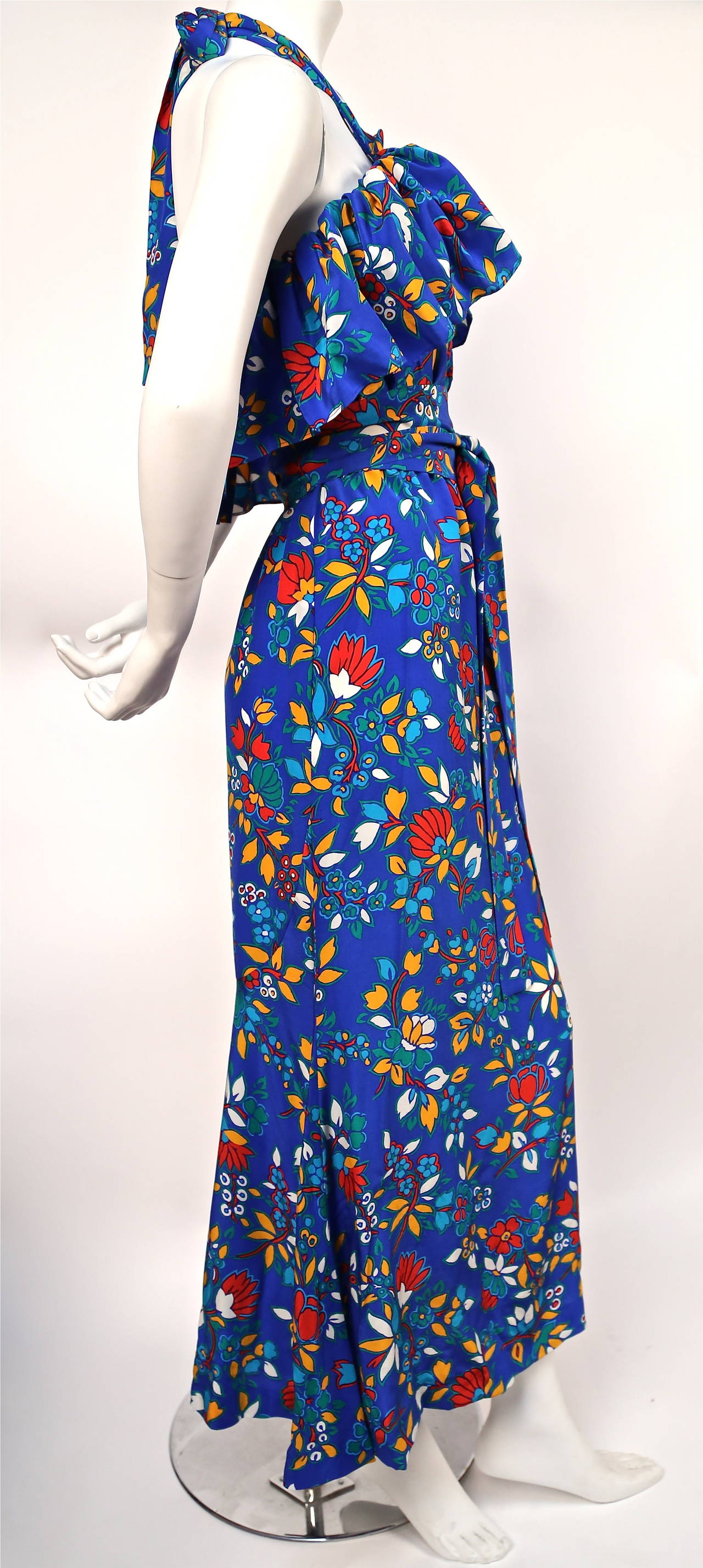 YVES SAINT LAURENT floral silk halter neck dress with flounce