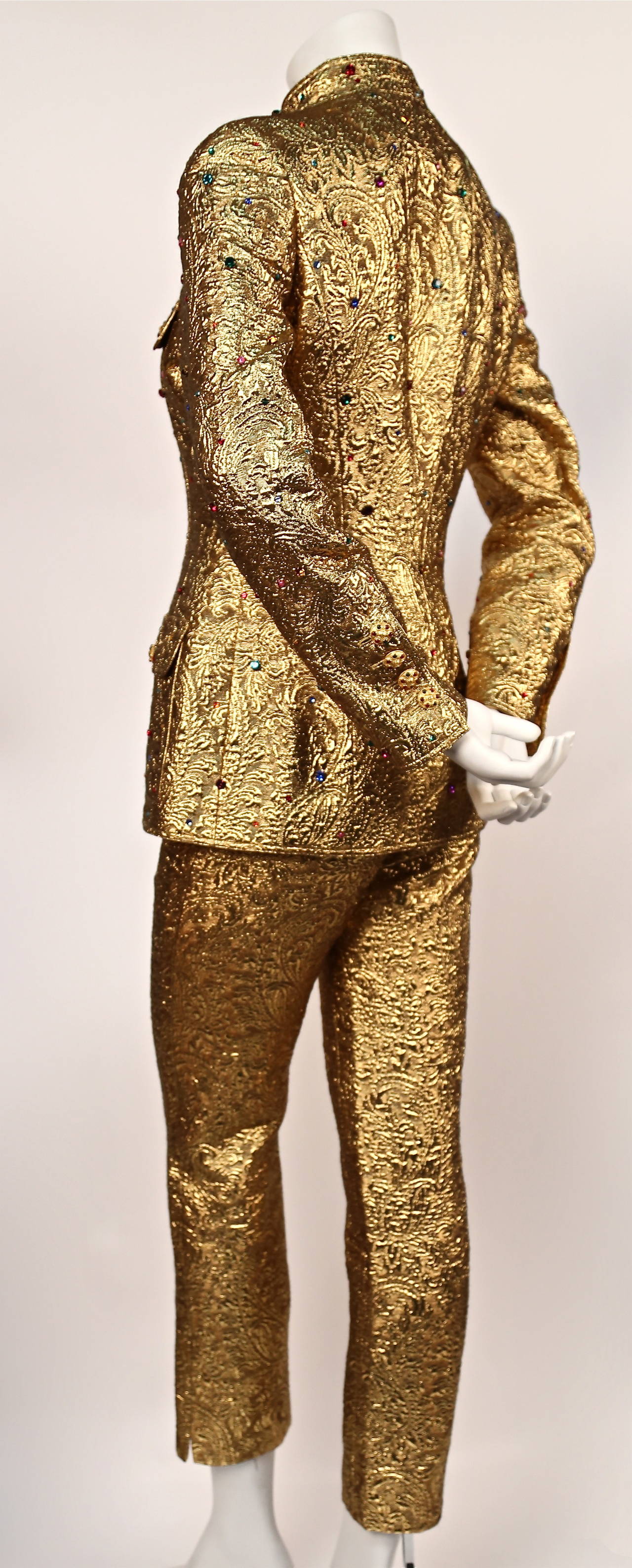 Rare 1996 CHANEL metallic gold suit with colored rhinestones & Gripoix buttons In Excellent Condition In San Fransisco, CA