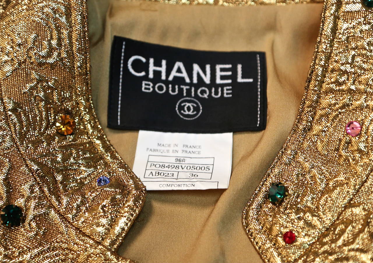 Rare 1996 CHANEL metallic gold suit with colored rhinestones & Gripoix buttons 1