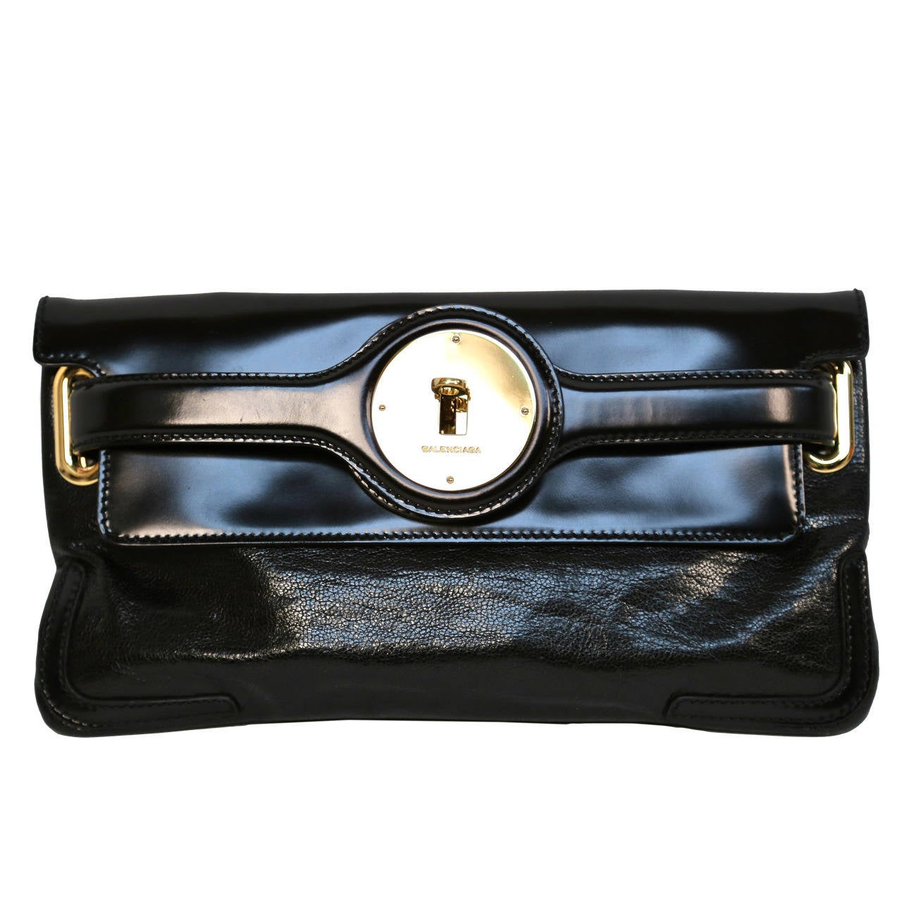 BALENCIAGA black leather 'Lune' clutch bag with gold hardware