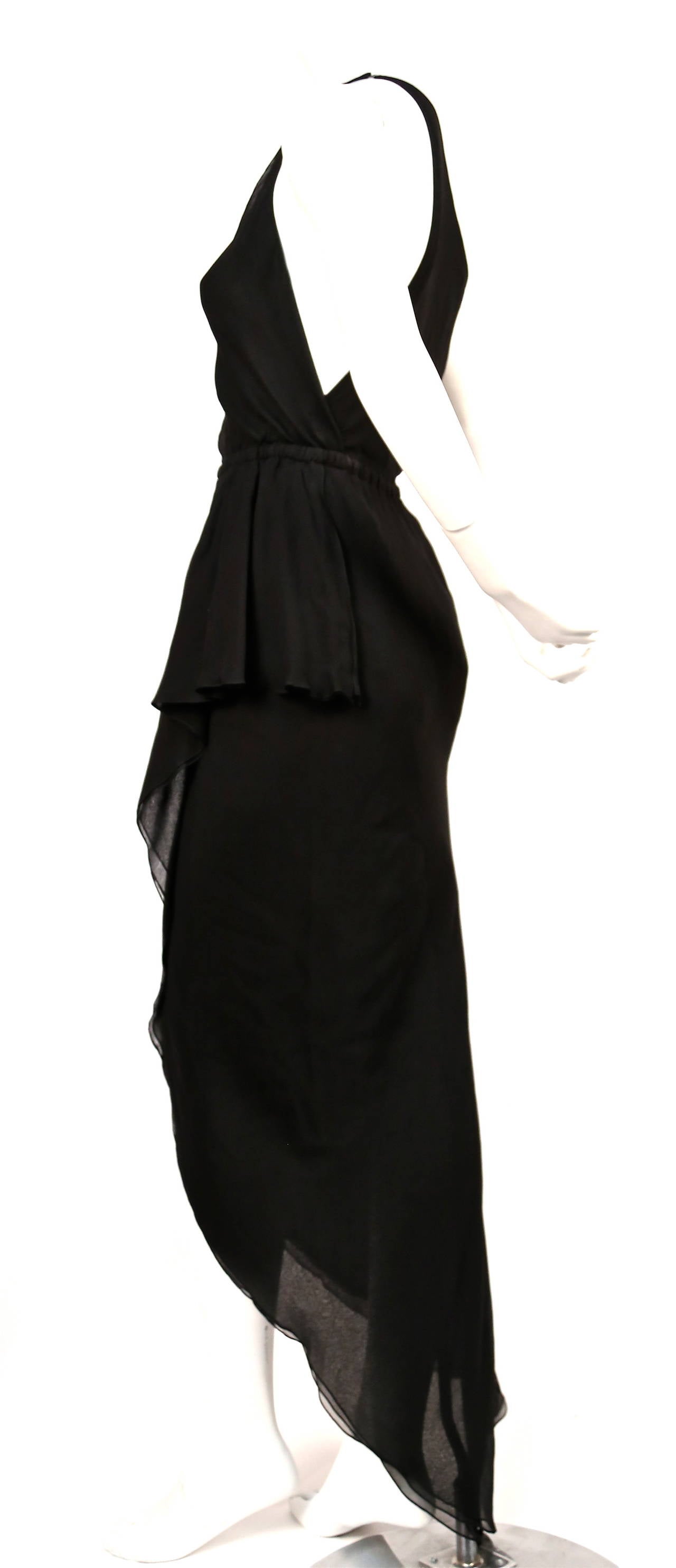 Black 1970's HALSTON jet blak silk chiffon one shouldered dress with flounced hemline