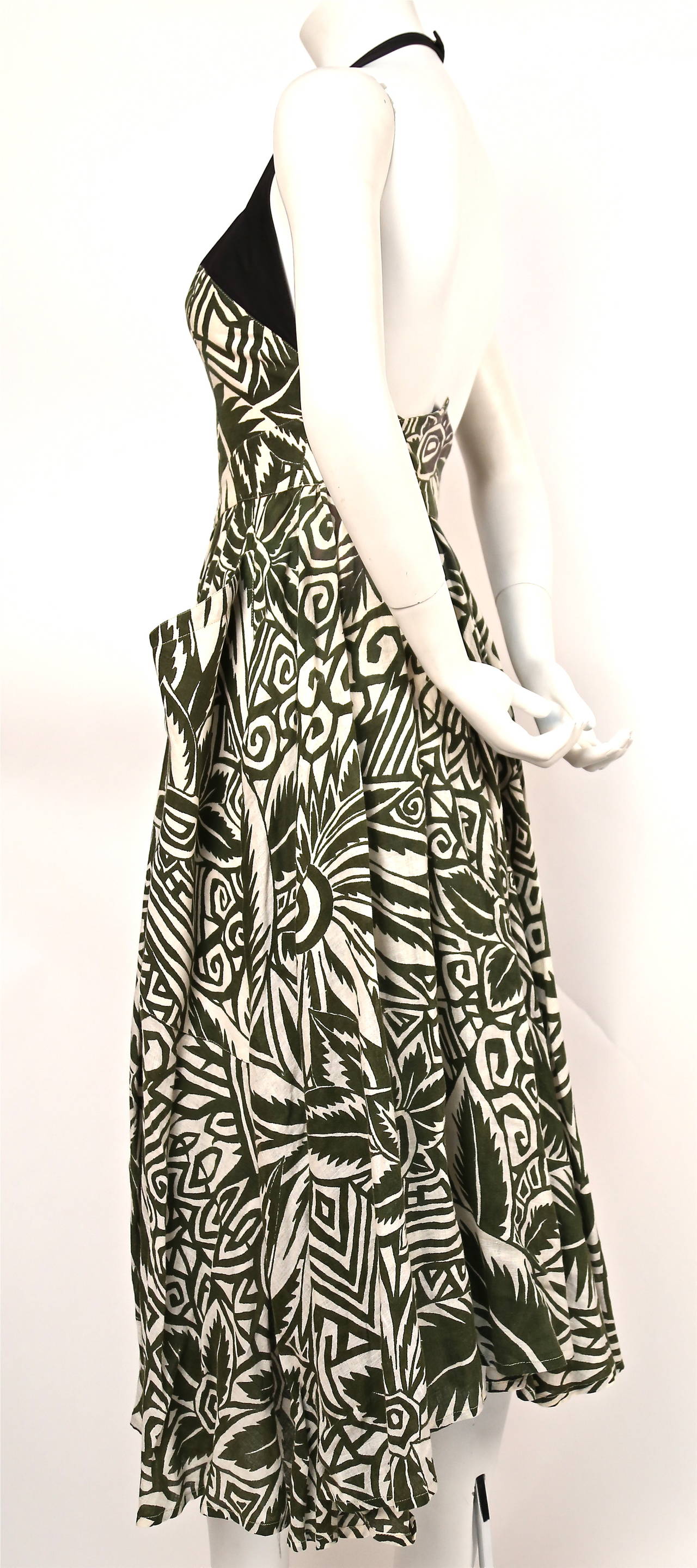 Black 90's THIERRY MUGLER printed dress with black halter neck & wrap around pockets