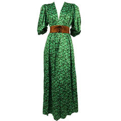 1970's YVES SAINT LAURENT green floral cotton dress with deep V neckline