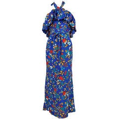 Retro YVES SAINT LAURENT floral silk halter neck dress with flounce