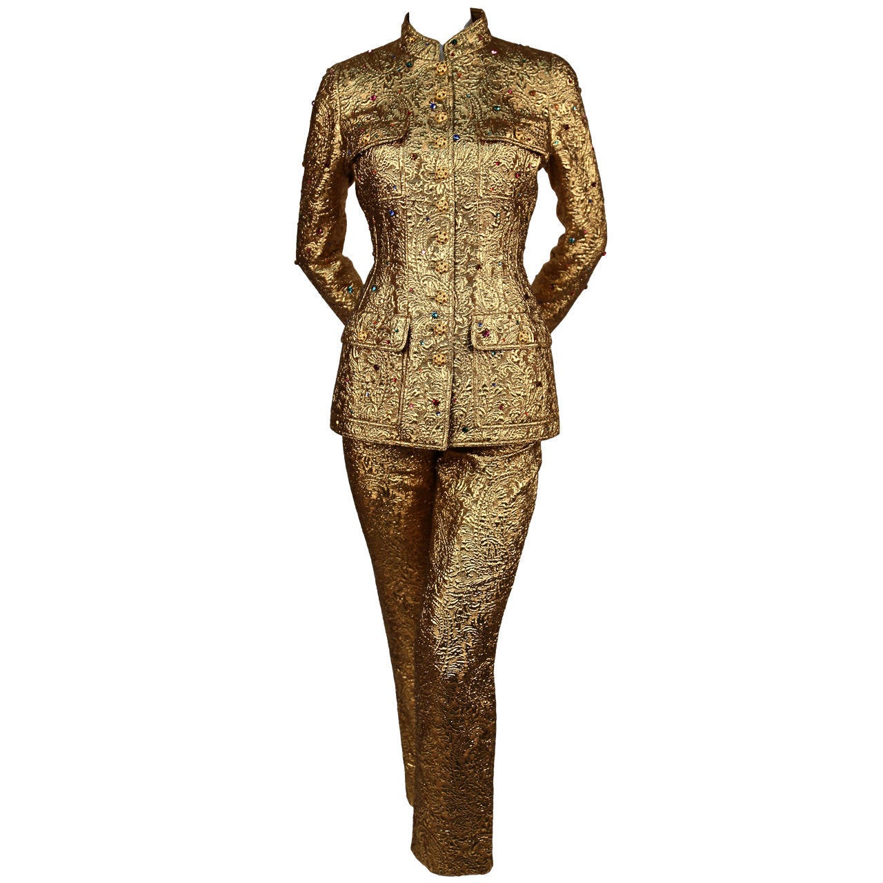 Rare 1996 CHANEL metallic gold suit with colored rhinestones & Gripoix buttons