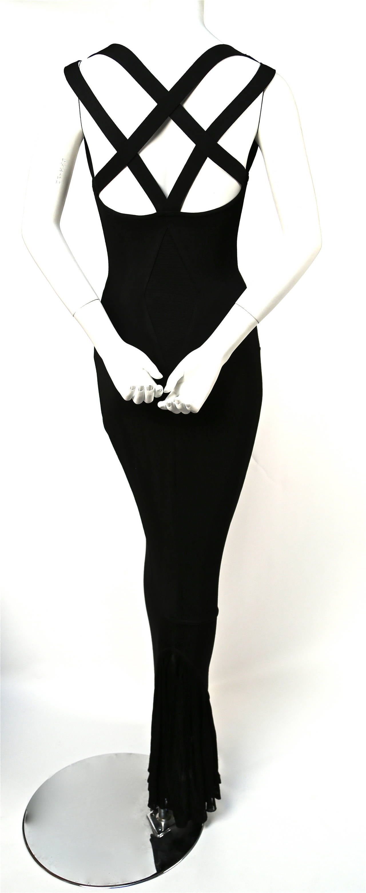 Women's 1990 AZZEDINE ALAIA long black dress with pleated fishtail hemline