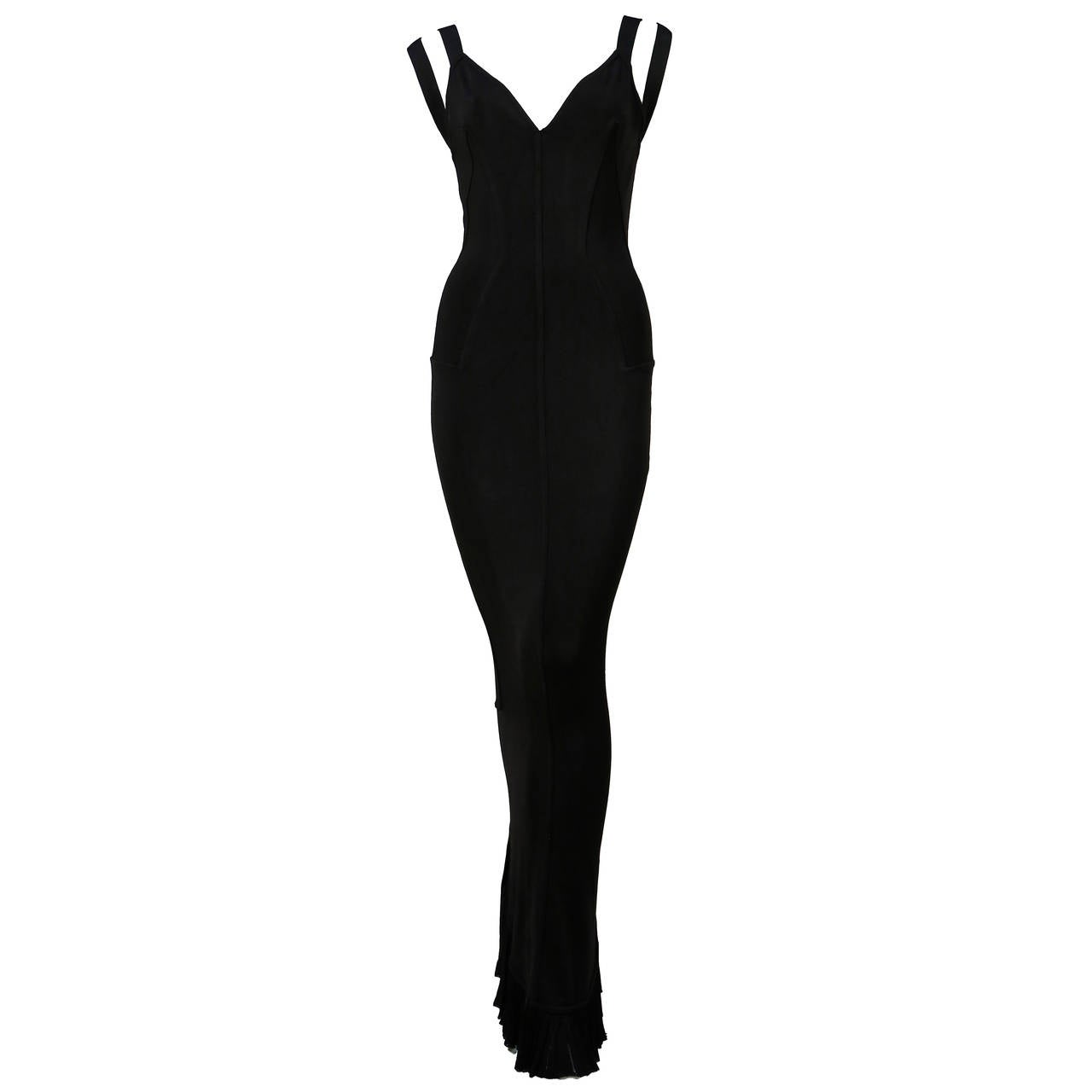 1990 AZZEDINE ALAIA long black dress with pleated fishtail hemline