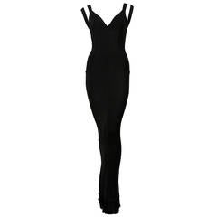 Vintage 1990 AZZEDINE ALAIA long black dress with pleated fishtail hemline