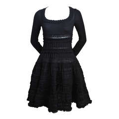 AZZEDINE ALAIA jet black lightweight wool knit dress with lace panels
