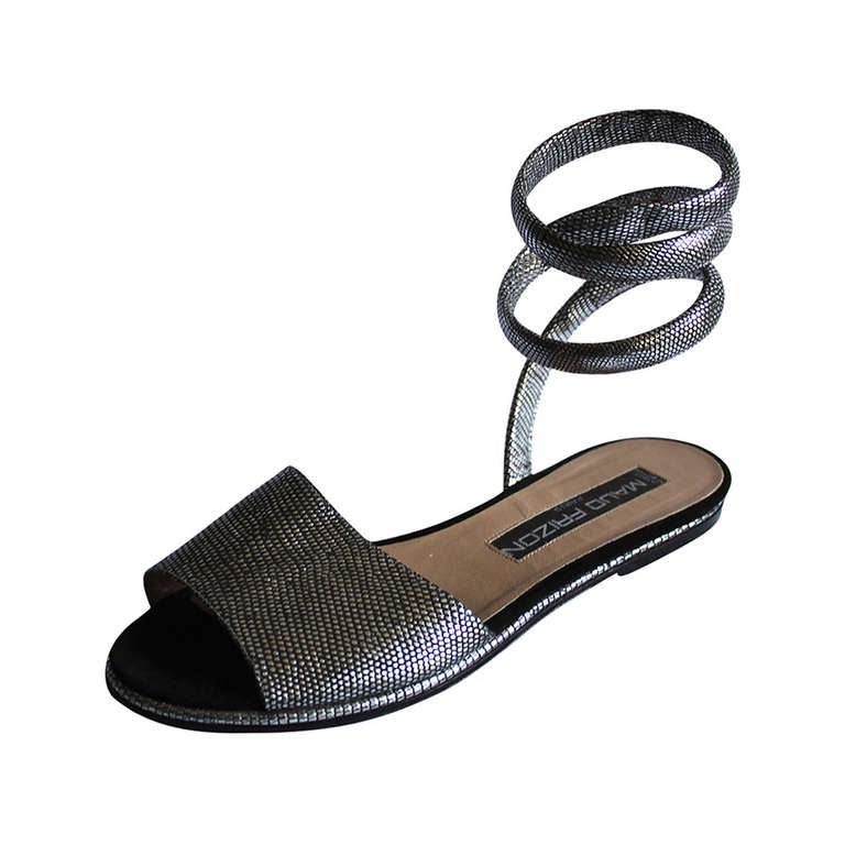 MAUD FRIZON pewter embossed leather sandals with 'snake' ankle straps - FR 38