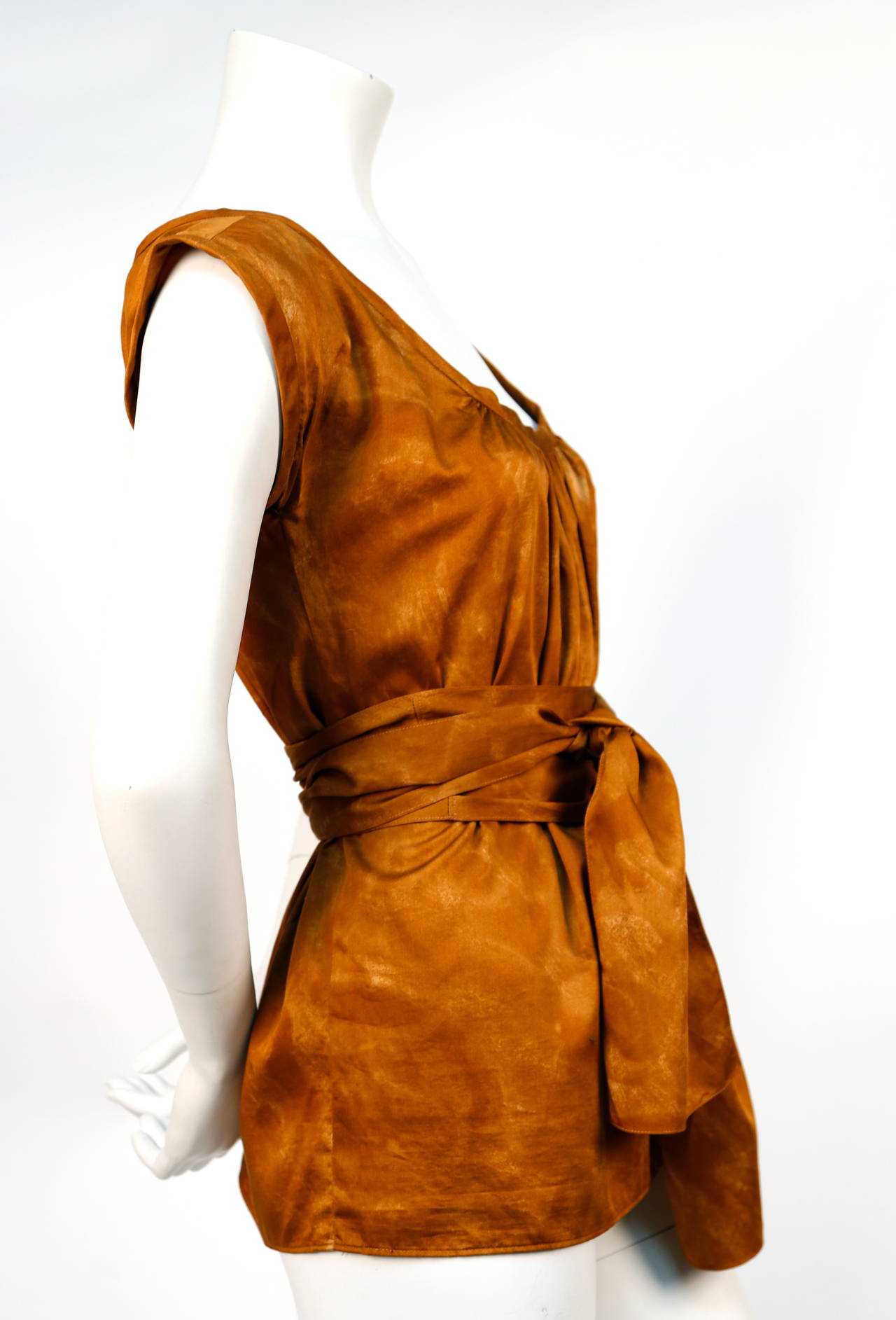 Brown 1970's YVES SAINT LAURENT rust cotton blouse with long tie