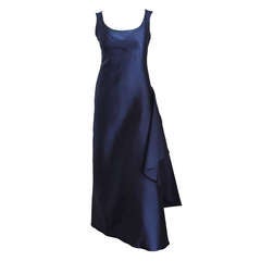 1996 BALENCIAGA navy blue runway gown with asymmetrical swag
