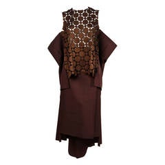 1999 COMME DES GARCONS brown draped two piece ensemble with sheer tulle detail