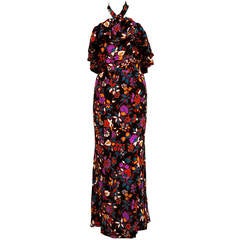Retro 1970's YVES SAINT LAURENT floral silk halter neck dress with flounce