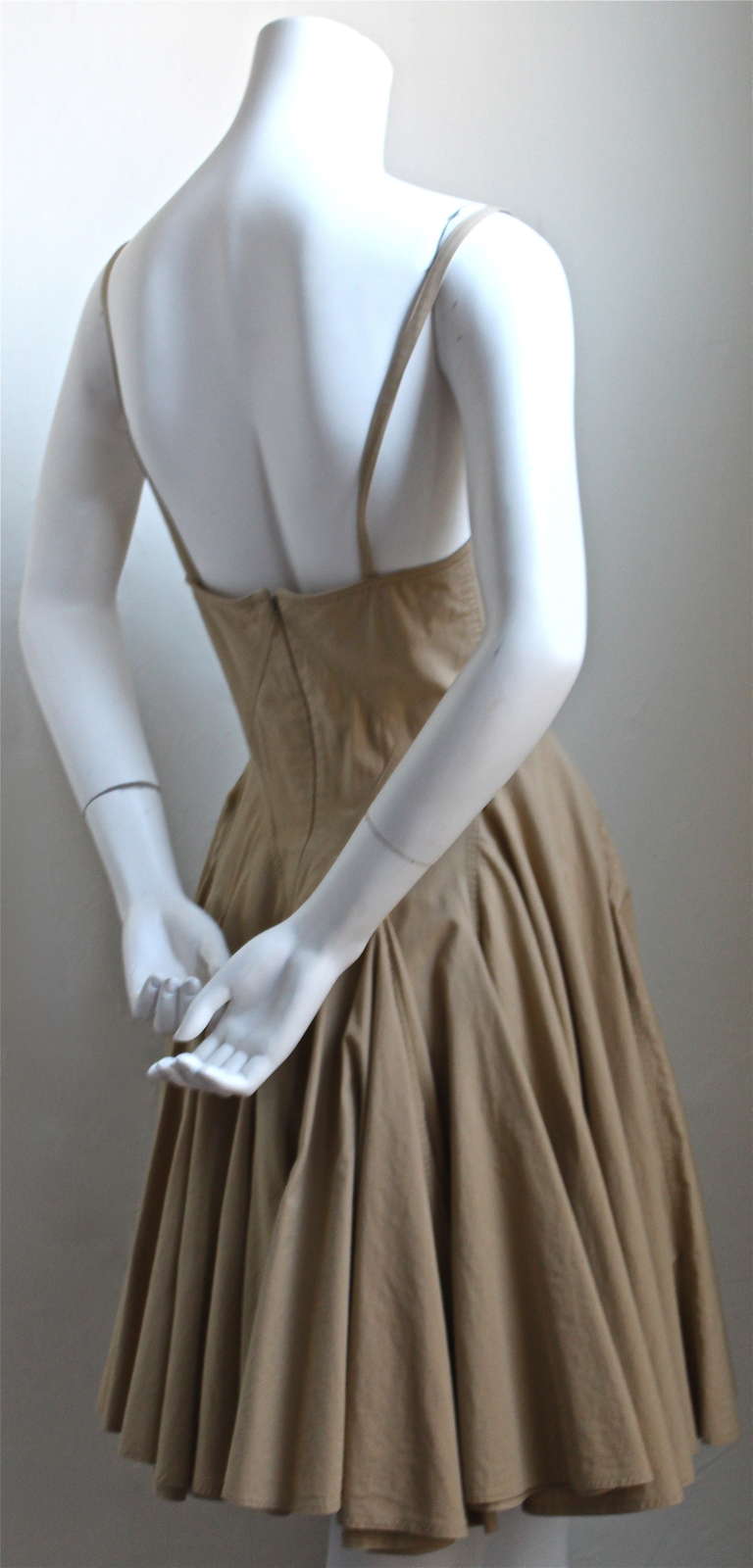 1980's AZZEDINE ALAIA tan cotton seamed dress with full skirt In Excellent Condition In San Fransisco, CA