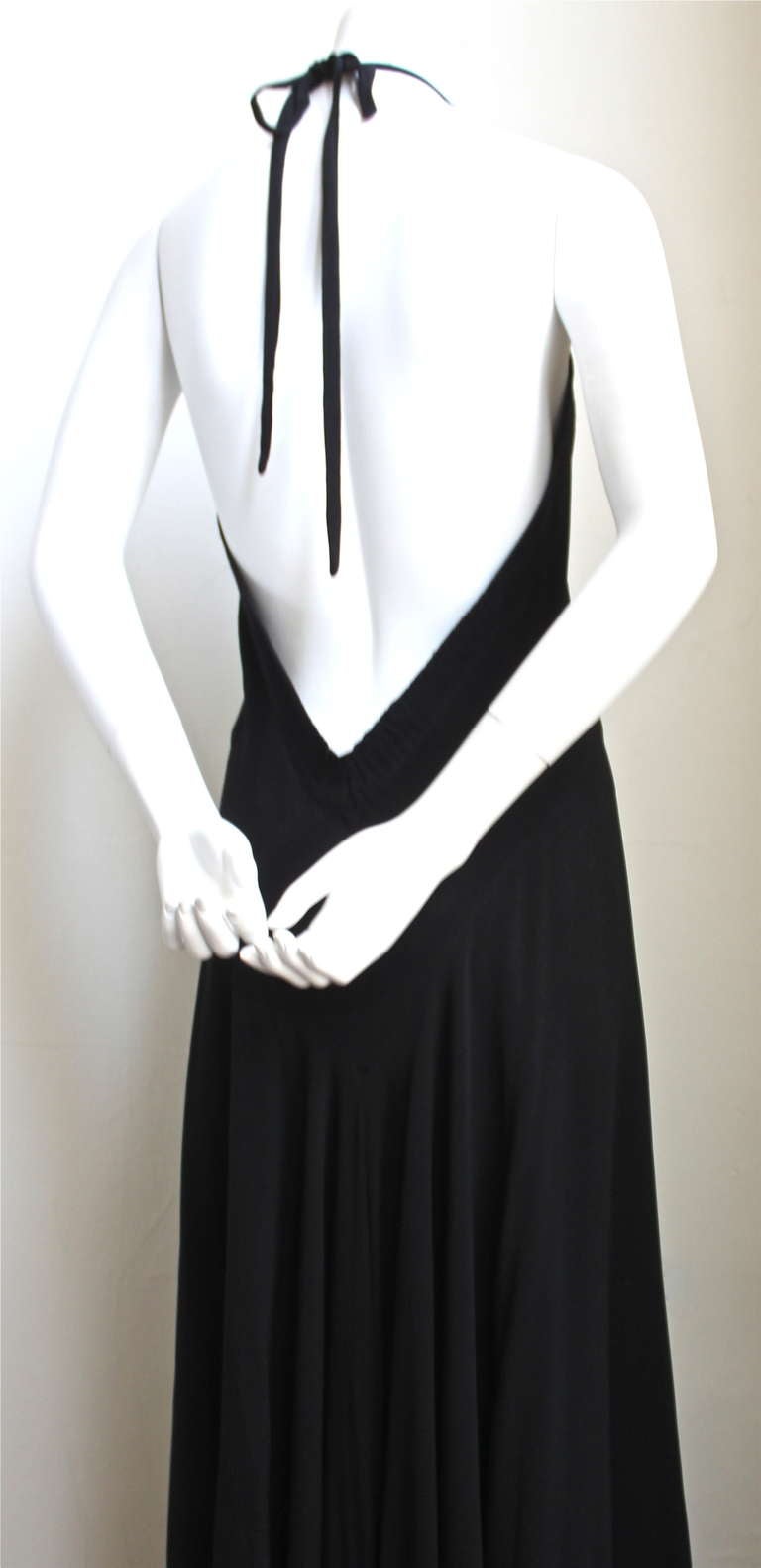 Black Ossie Clark For Quorum black deep V back bias cut dress, 1970S