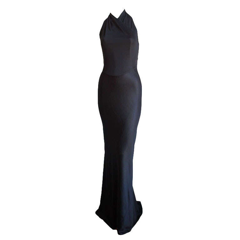 1991 AZZEDINE ALAIA jet black backless halter gown