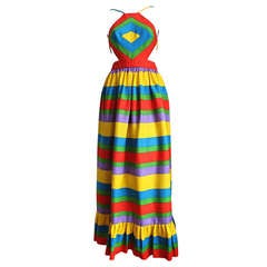 Vintage 1970's OSCAR DE LA RENTA colorful cotton striped dress with cut outs