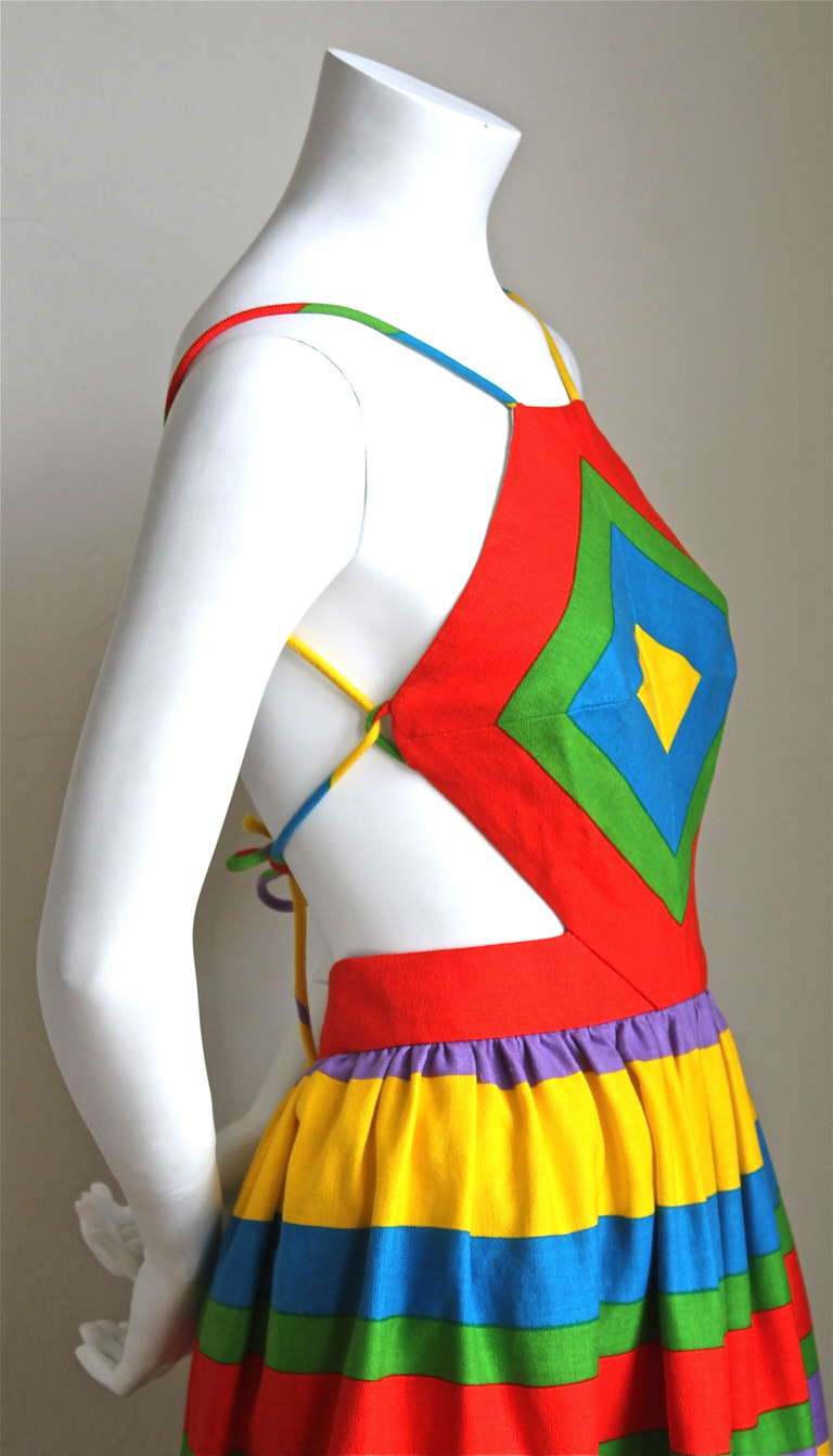 Women's 1970's OSCAR DE LA RENTA colorful cotton striped dress with cut outs