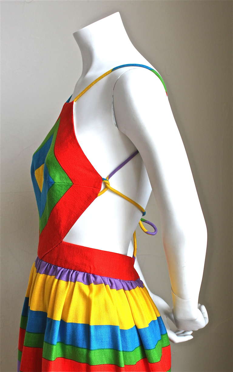 1970's OSCAR DE LA RENTA colorful cotton striped dress with cut outs 1