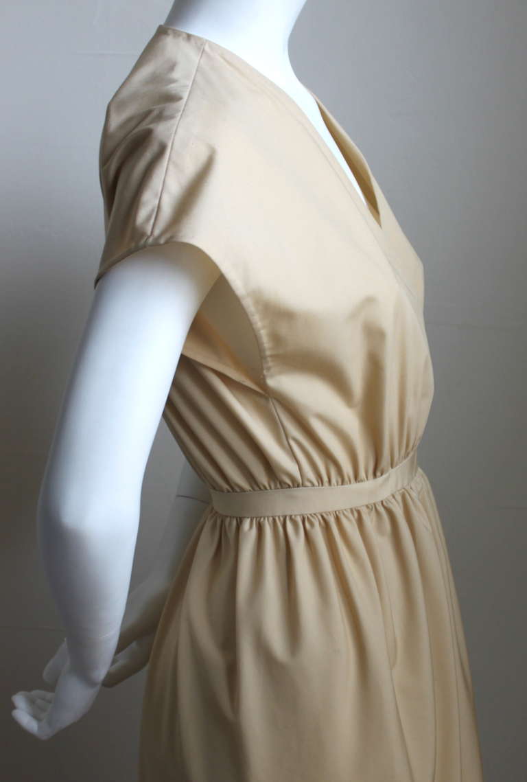 1970s HALSTON tulip wrap tan dress In Excellent Condition In San Fransisco, CA