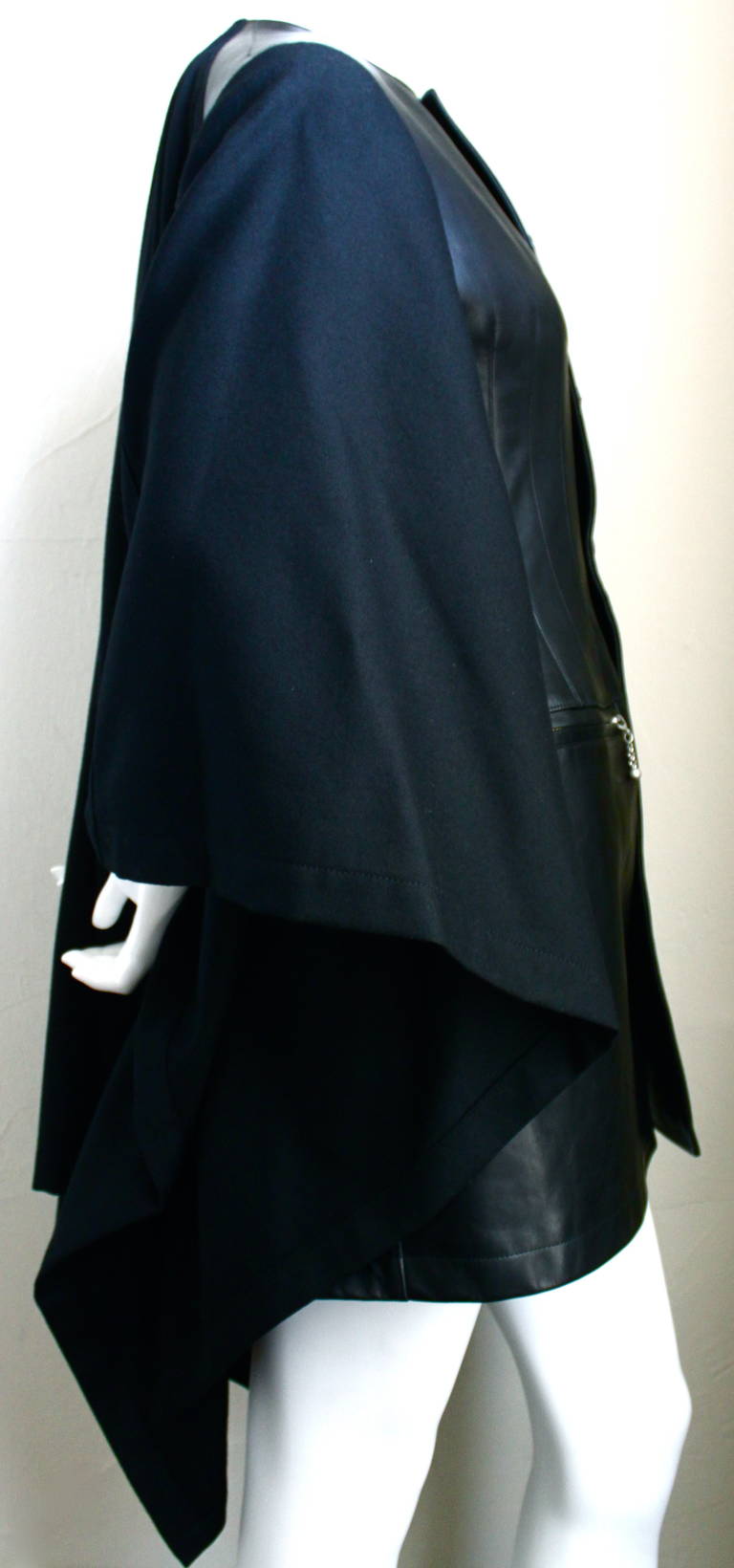 JUNYA WATANABE COMME DES GARCONS jet black wool and leather cape jacket In Excellent Condition In San Fransisco, CA