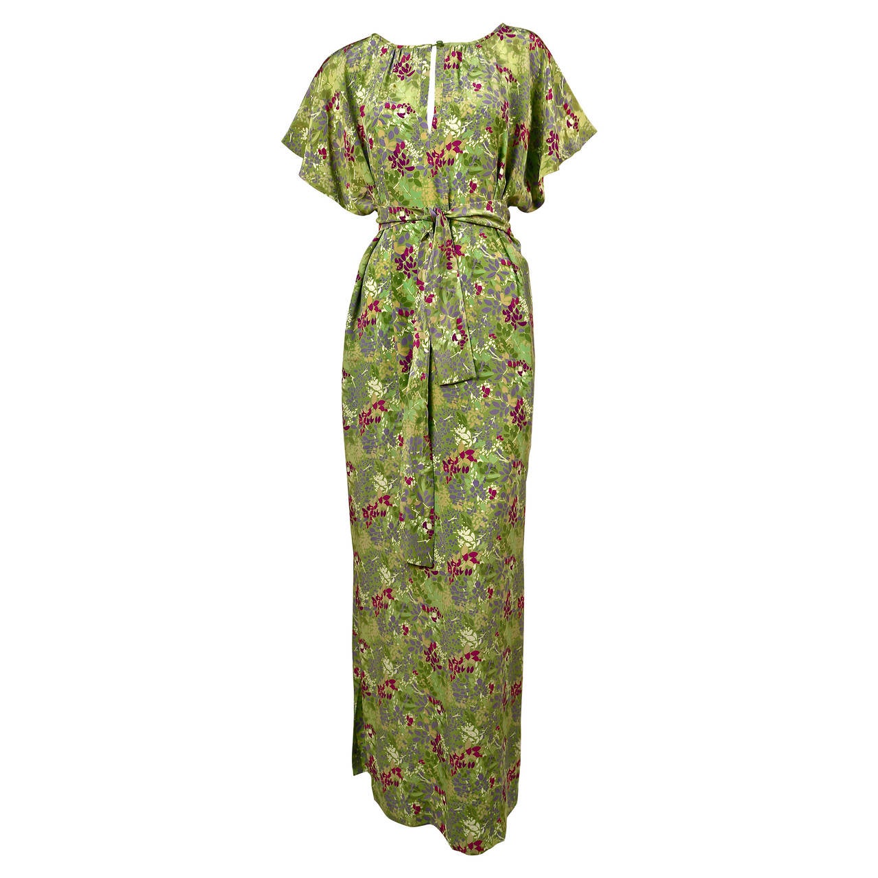 1970'S YVES SAINT LAURENT floral silk caftan gown with matching belt