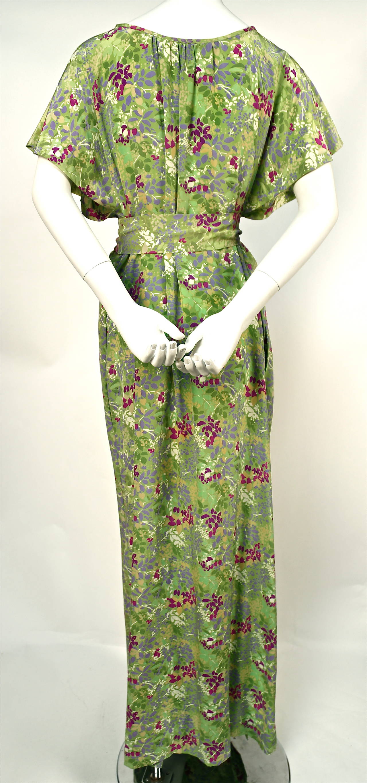 1970'S YVES SAINT LAURENT floral silk caftan gown with matching belt In Good Condition In San Fransisco, CA