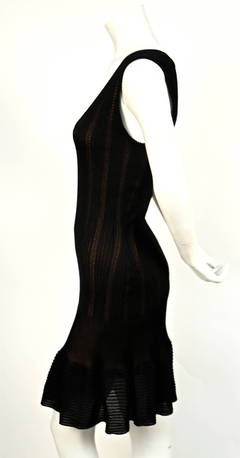 90's Azzedine Alaia black pointelle knit dress with deep V neck & nude lining