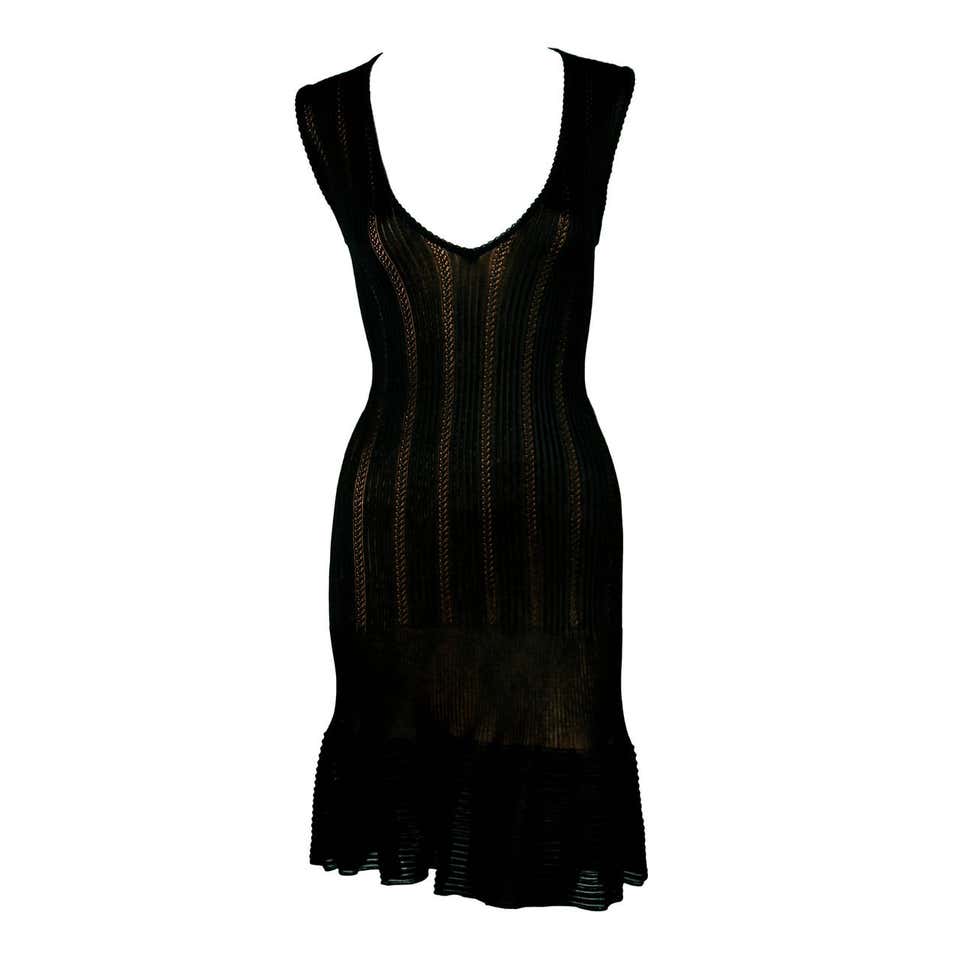 90's Azzedine Alaia black pointelle knit dress with deep V neck and ...