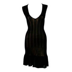 90's Azzedine Alaia black pointelle knit dress with deep V neck & nude lining