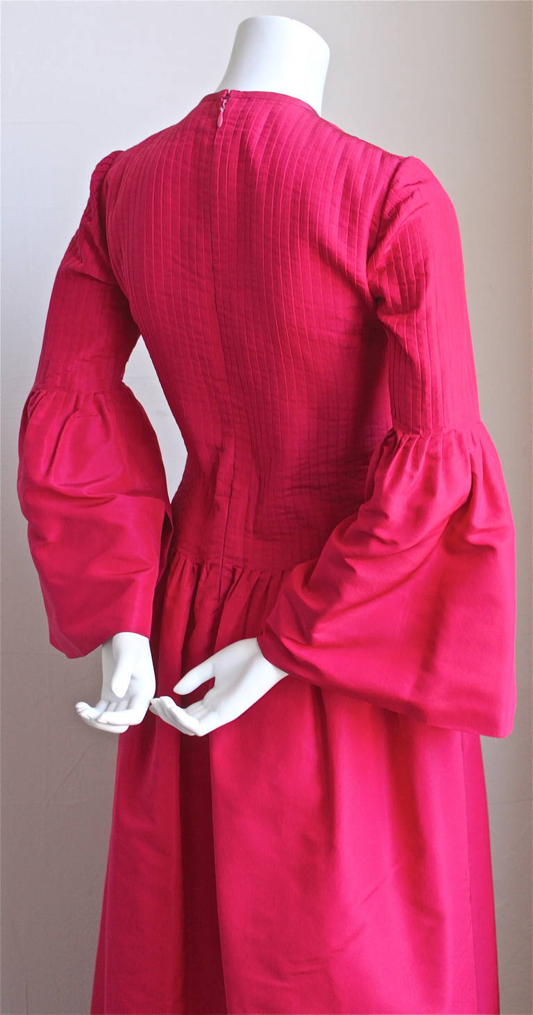 Women's 60's PIERRE CARDIN fuchsia taffeta gown with pleated bodice & bell sleeves