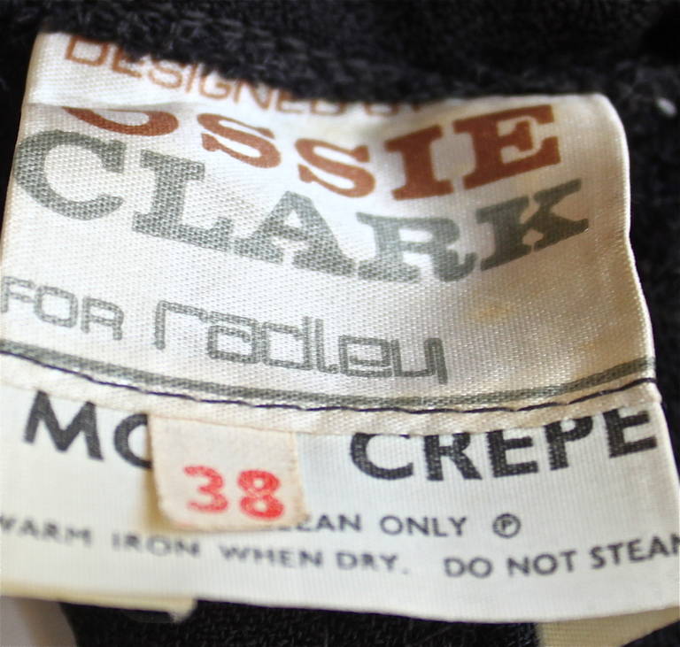 1960's OSSIE CLARK black moss crepe dress with keyhole neck and embroidery 1
